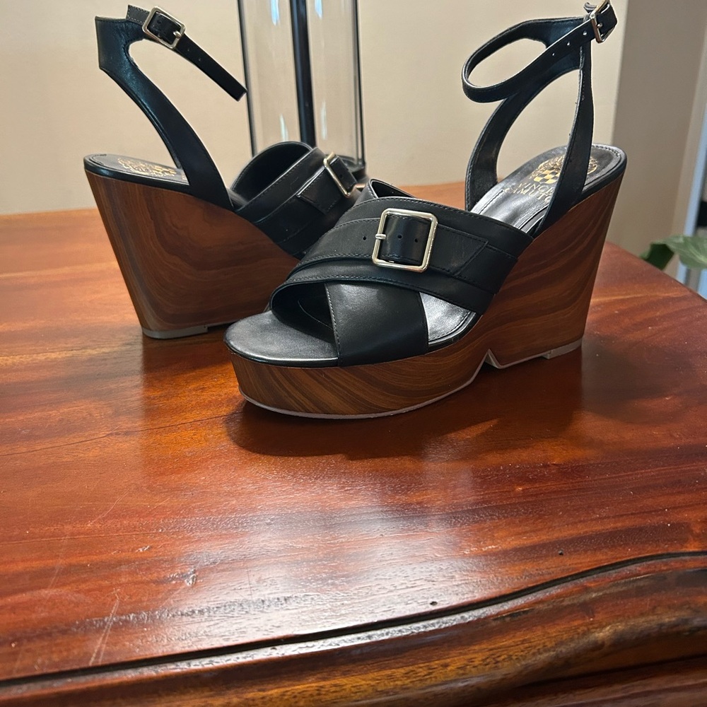 Vince Camuto Black and Brown Wedge Sandals